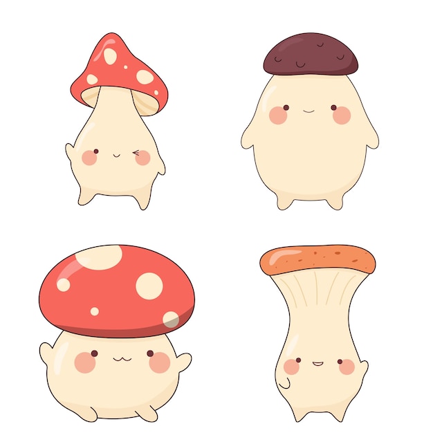 Conjunto de cogumelos kawaii cogumelo de outono bonito isolado em fundo branco coleção de adesivos porcini de desenhos animados para crianças ilustração do vetor de ações