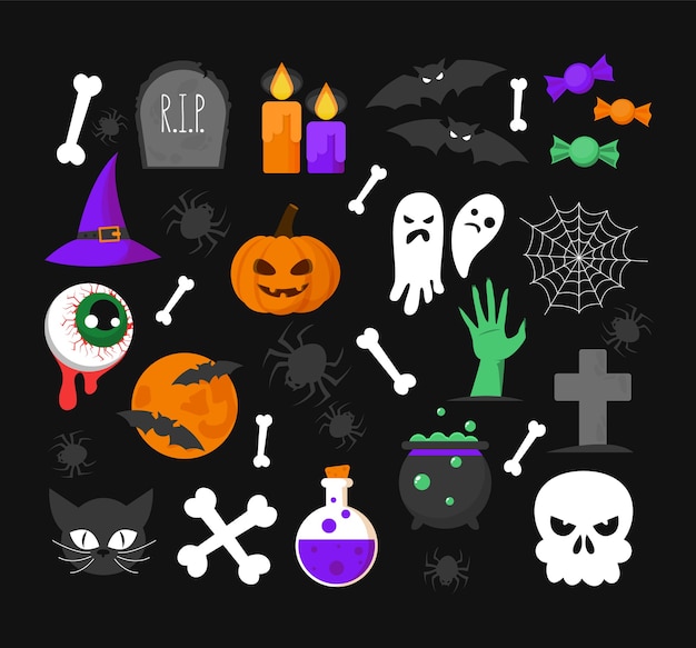 Vetor conjunto de coisas de halloween. morcego, fantasma, vela e doces isolados. abóbora de terror, símbolo de outubro. travessuras ou gostosuras, elemento cemitério e gato preto.