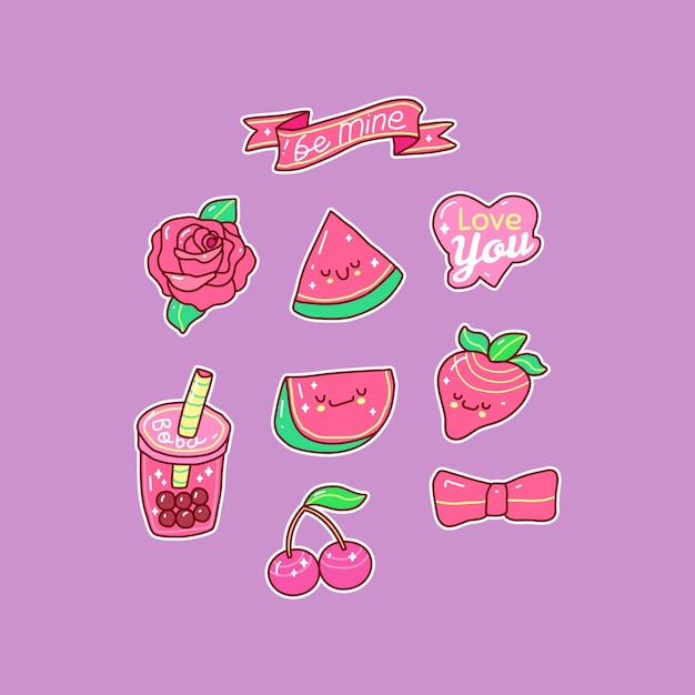 Conjunto de coleção de adesivos de doodle de elemento rosa no doodle de dia dos namorados de fundo isolado