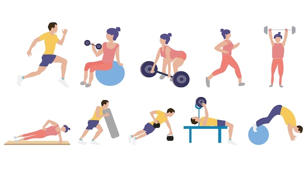 Conjunto de coleção de adesivos de fitness design plano de estilo cartoon Vetor Premium