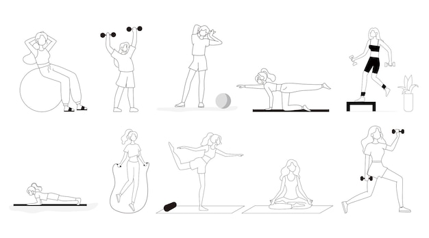 Conjunto de coleção de adesivos de fitness design plano de estilo cartoon vetor premium