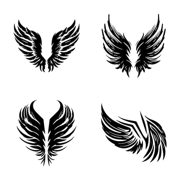 Vetor conjunto de coleção de asas ilustração desenhada à mão em preto e branco