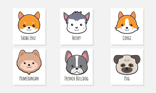 Conjunto de coleção de cão fofo cartaz cartão doodle ícone dos desenhos animados ilustração design plano estilo dos desenhos animados