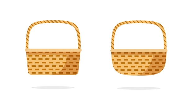 Vetor conjunto de coleção de cesta de vime ou sacola de piquenique rústica com ícone de desenho animado isolado