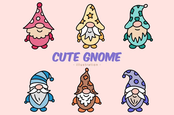 Vetor conjunto de coleção de clipart de doodle de desenho de mão desenhada de gnomo gnomo bonito doodle