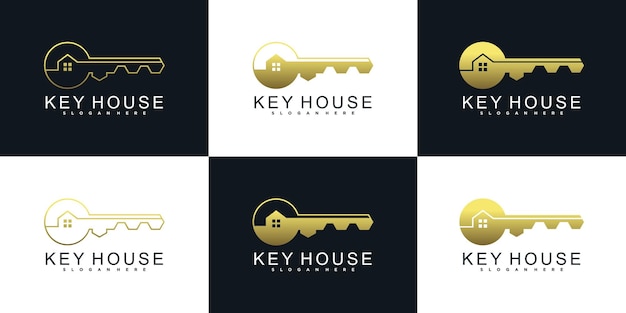 Conjunto de coleção de design de logotipo de casa chave com estilo de cor gradiente dourado vetor premium