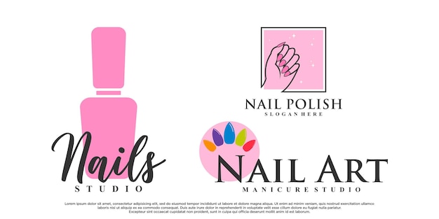 Conjunto de coleção de esmaltes ou design de logotipo de ícone de nail art com elemento criativo vetor premium