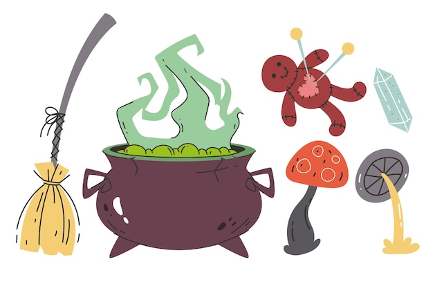 Conjunto de coleção de ilustração de elemento de design de doodle de feiticeiro de bruxaria mágica de bruxa