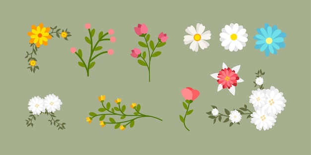 Vetor conjunto de coleção de ilustração de flores planas