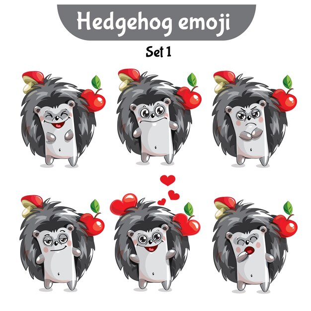 Conjunto de coleção de kit adesivo emoji emoticon emoção vetor isolado ilustração personagem feliz doce, ouriço fofo