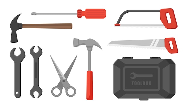 Conjunto de coleção de kit de ferramentas objeto serra martelo tesoura aparafusadora