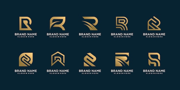 Conjunto de coleção de logotipo da letra r com conceito dourado para consultoria, inicial, empresa de finanças