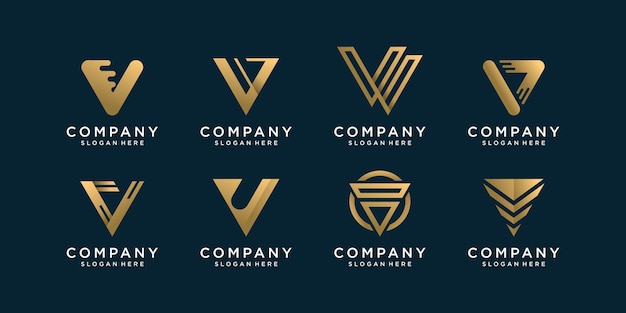 Conjunto de coleção de logotipo da letra v com conceito dourado