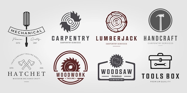 Conjunto de coleção de pacote carpintaria vector logo, pack design ilustração carpenter vintage line art, hammer saw wooden concept