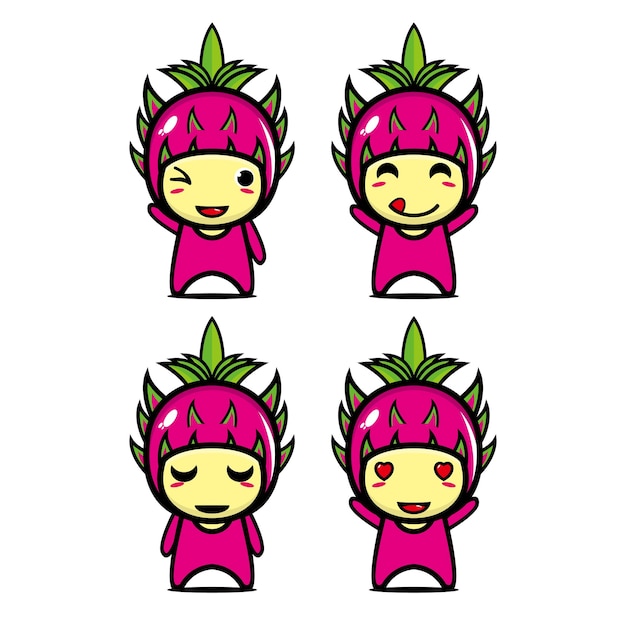Conjunto de coleção de personagem de desenho de mascote de fruta do dragão fofo isolado em um fundo branco