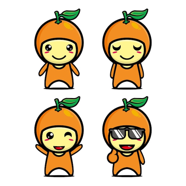 Conjunto de coleção de personagem de desenho de mascote laranja bonito isolado em um fundo branco