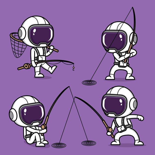 Conjunto de coleção de pesca de astronauta bonito dos desenhos animados