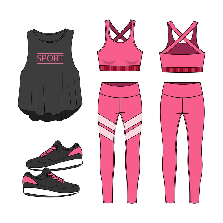 Vetor conjunto de coleção de roupas esportivas. fitness out fit vista frontal e traseira