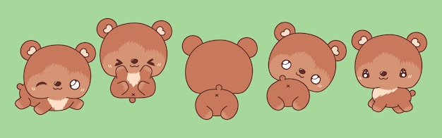 Conjunto de coleção de ursos isolados kawaii de ilustrações de animais de desenhos animados vetoriais para adesivos