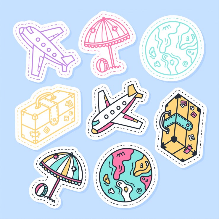 Vetor conjunto de coleção manuscrita de adesivos de viagens em estilo cartoon.