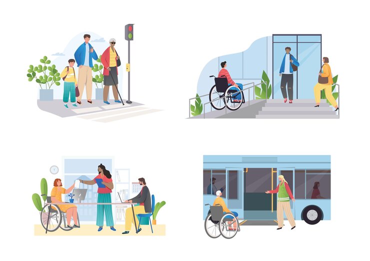 Vetor conjunto de colecções de imagens de deficientes com tecnologias modernas que cuidam de pessoas com deficiência