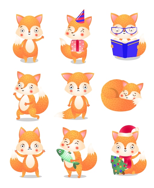 Conjunto de coleta de bonito dos desenhos animados raposa em diferentes emoções e ações.