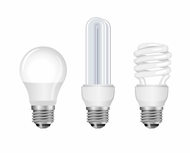 Conjunto de coleta de bulp de néon. lâmpada, lâmpada espiral e lâmpada inteligente, economizador de energia. conceito na ilustração realista em fundo branco