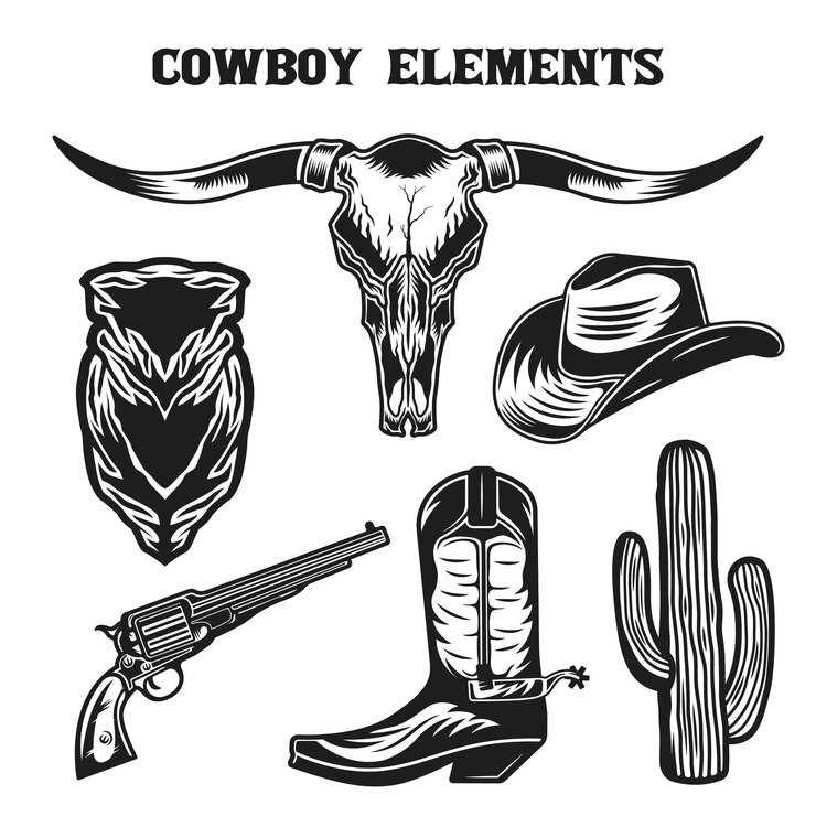 Vetor conjunto de coleta de elementos vintage de cowboy do velho oeste