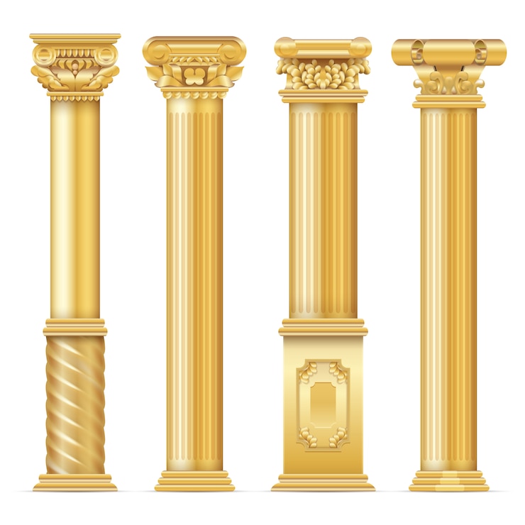 Vetor conjunto de colunas de ouro antigo clássico. de coluna de arquitetura, pilar clássico arquitetônico