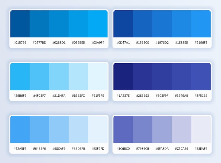Vetor conjunto de combinação de paleta de cores azuis em rgb para design ui ux