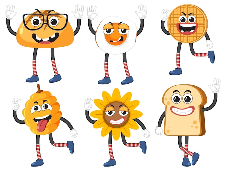 Vetor conjunto de comida com personagem de desenho animado de expressão facial