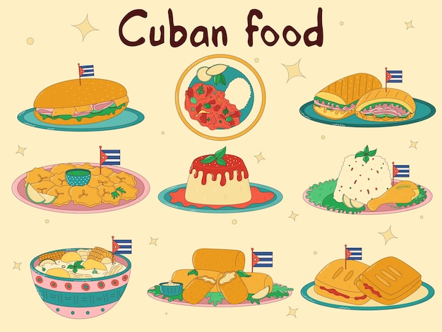 Conjunto de comida cubana ilustração tradicional do vetor de prato cubano