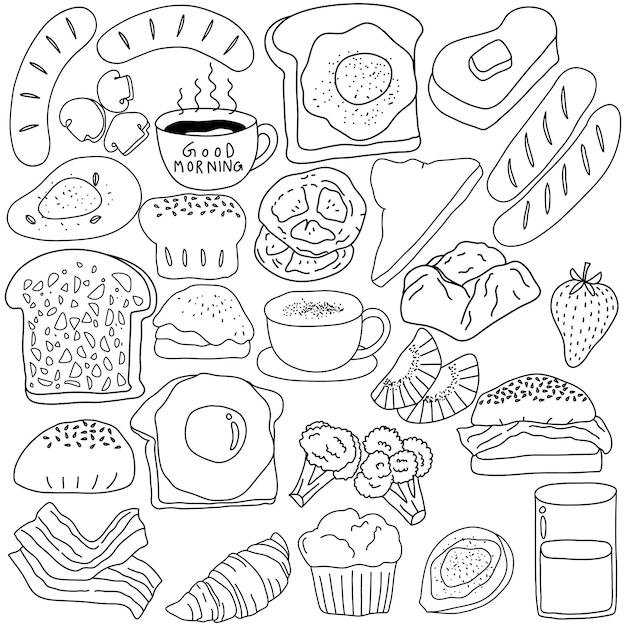 Conjunto de comida de café da manhã desenhado à mão ilustração vetorial no estilo de arte doodle em fundo branco