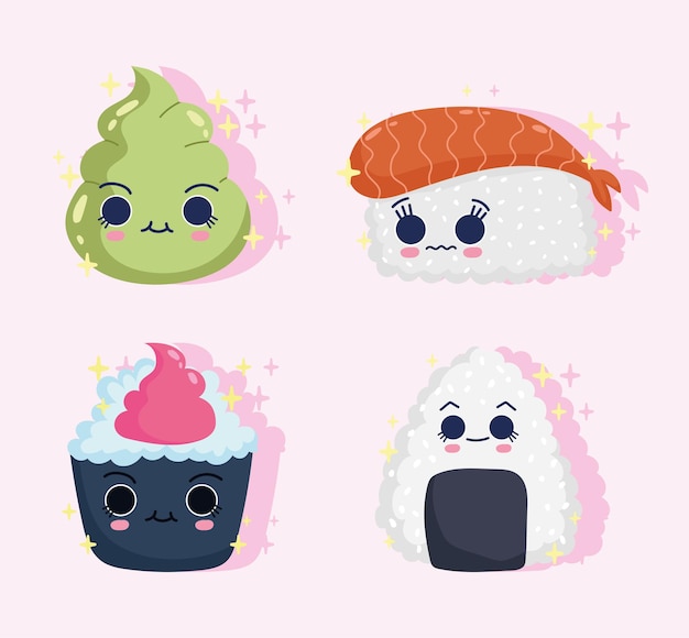 Vetor conjunto de comida de sushi kawaii