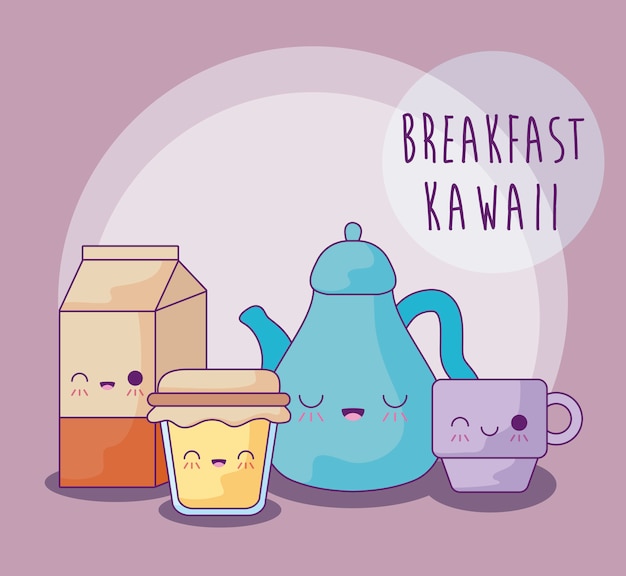 Conjunto de comida deliciosa no café da manhã estilo kawaii