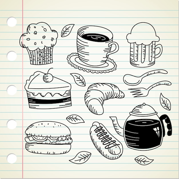 Conjunto de comida e bebida doodle