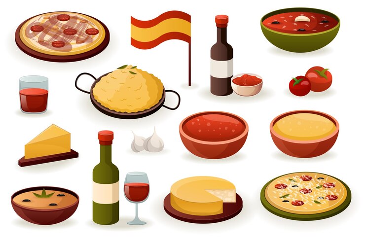 Vetor conjunto de comida espanhola um design plano em estilo de desenho animado com um conjunto de itens de comida espanhol, como paella tapas churros e sangria ilustração vetorial