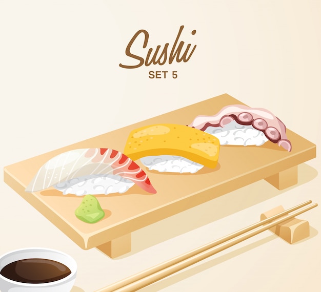 Conjunto de comida japonesa: sushi misto definido na placa de madeira