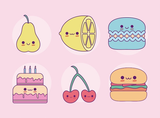 Vetor conjunto de comida kawaii design de desenhos animados