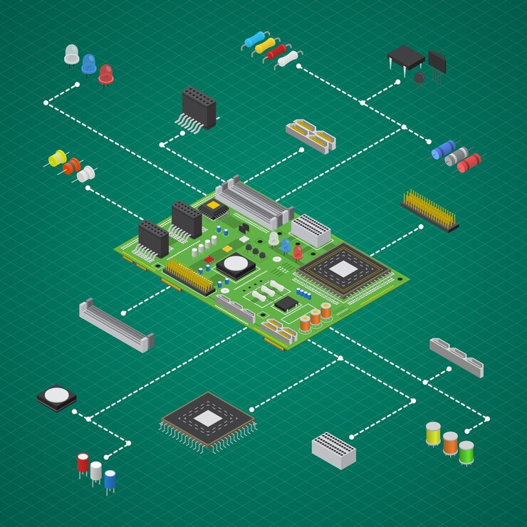 Vetor conjunto de componentes de placa de circuito eletrônico de computador, vista isométrica, vetor