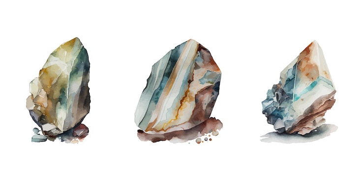 Vetor conjunto de composição em aquarela de pedras de várias formas uma bela pedra