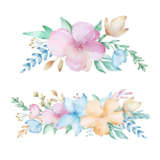 Conjunto de composições em aquarela de um buquê de delicadas flores da primavera.