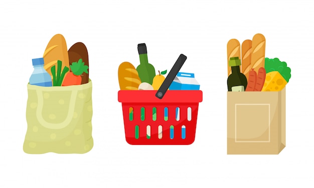 Conjunto de compra de supermercado. Saco de têxteis, carrinho de compras e pacote de papel com produtos. Alimentos e bebidas, legumes e frutas.