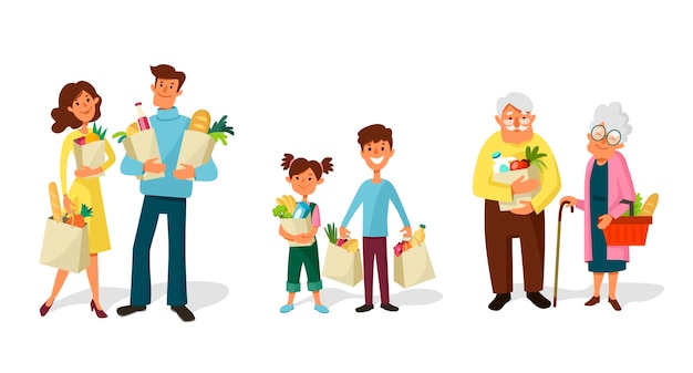 Conjunto de compras de pessoas. Famílias e casais de crianças a idosos com sacolas de mantimentos.
