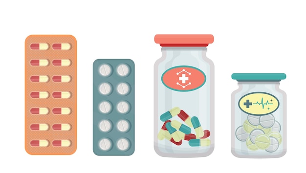 Conjunto de comprimidos comprimidos isolados garrafa com pílulas drogas ilustração vetorial plana
