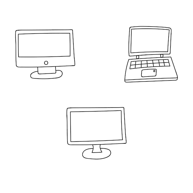 Vetor conjunto de computadores e laptops bonitos desenhados à mão no estilo doodle para trabalho e estudo