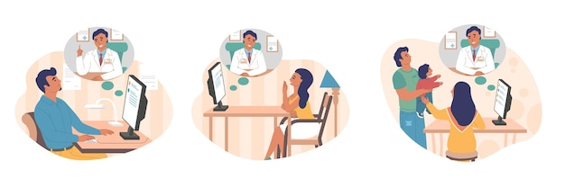 Conjunto de comunicação médico-paciente on-line ilustração vetorial plana isolada