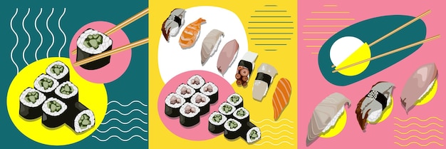 Conjunto de conceito de design de sushi fresco realista ilustração vetorial isolada