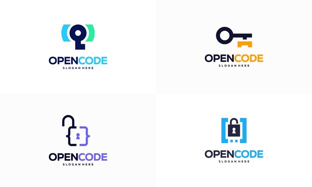 Conjunto de conceito de designs de logotipo de código aberto vetor Símbolo de logotipo de modelo de logotipo de tecnologia de codificador