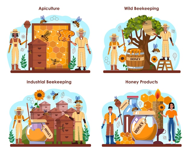 Conjunto de conceito de hiver ou apicultor. agricultor apicultor coletando mel. produto orgânico do campo. trabalhadora apícola, apicultura e extração de mel. ilustração vetorial plana